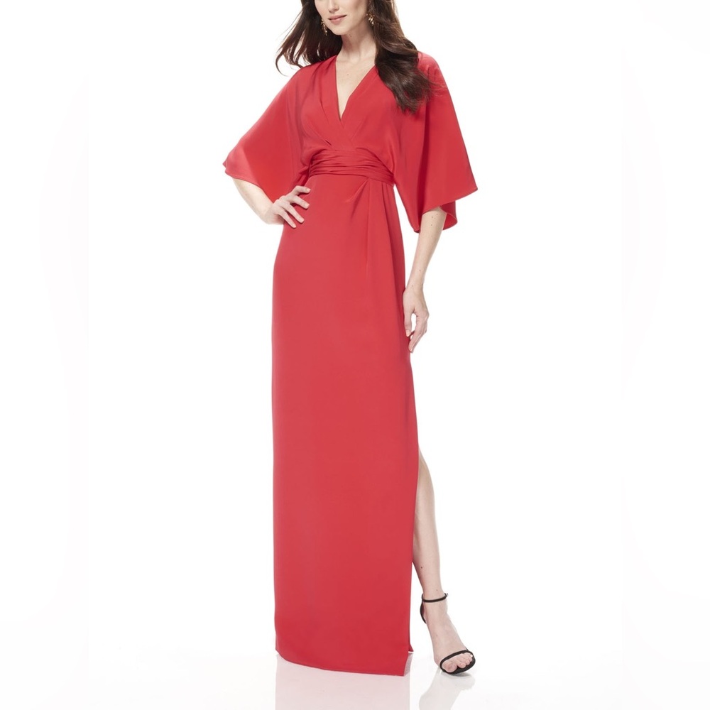 THEIA Kimono-Sleeve Satin modest Dress Gown Red Pink formal wedding guest jewel